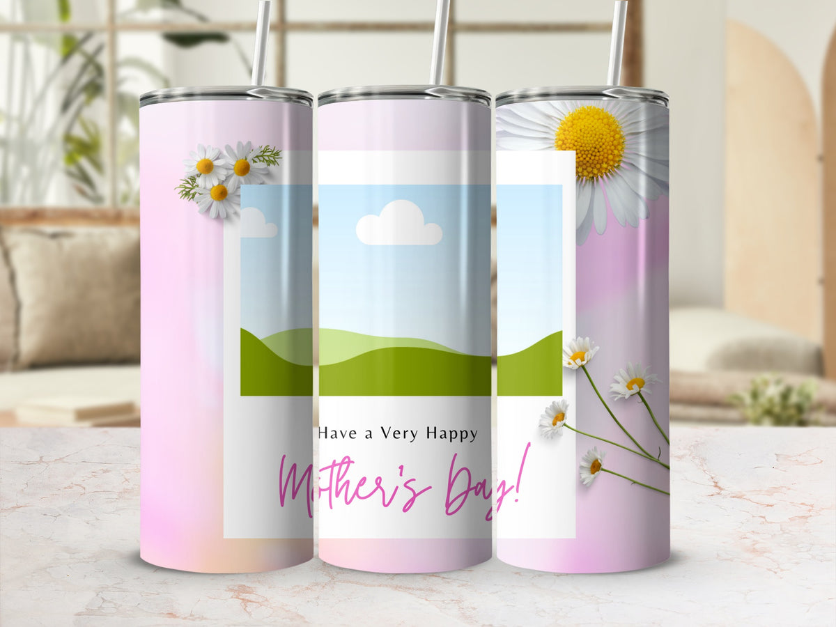 Three tumblers with floral and landscape designs and "Mother's Day" text.