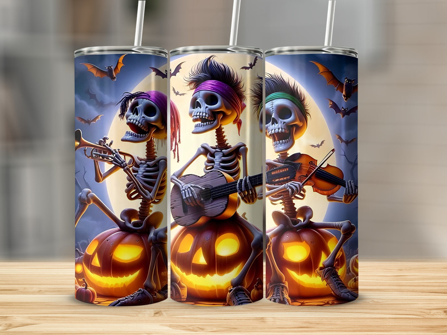 Three skeletons play instruments on carved pumpkins with bats and a moon.