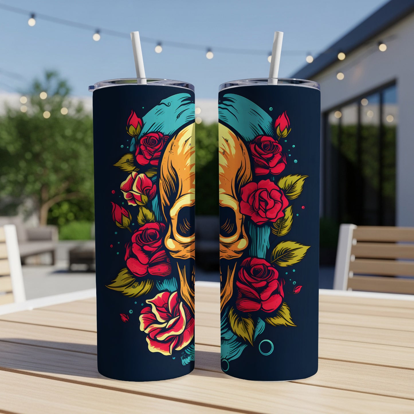 Two tumblers featuring a skull surrounded by red and yellow roses.