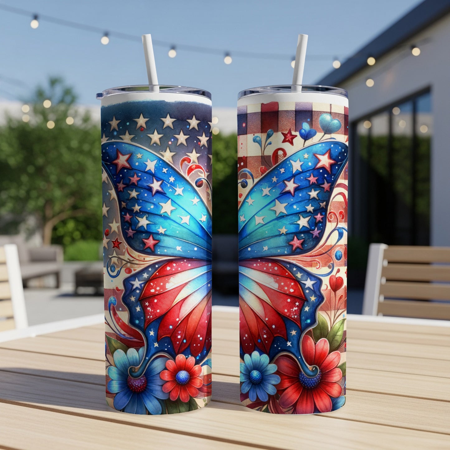 Two tumblers with patriotic butterfly wing design.