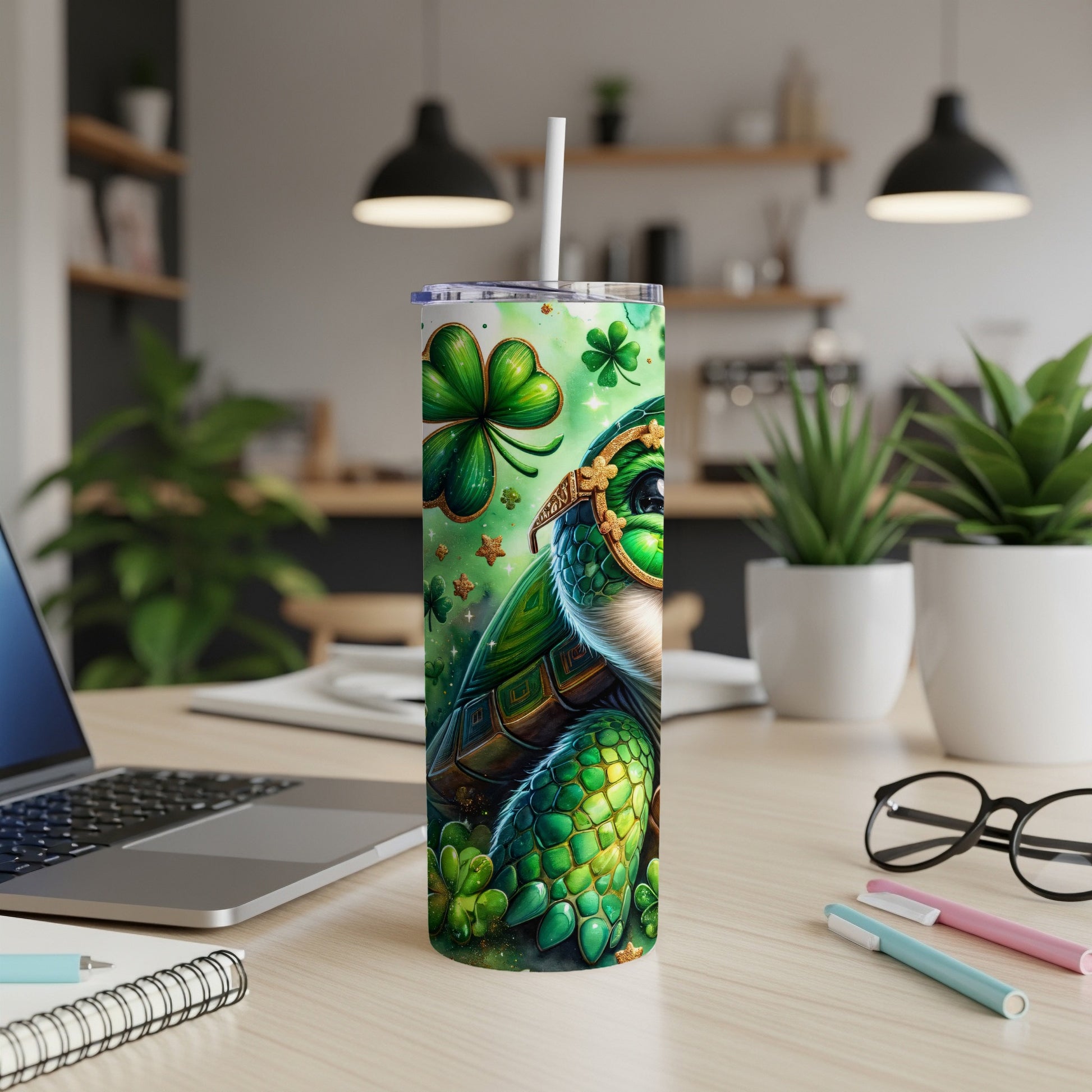 Green turtle with shamrocks and glitter on a white tumbler cup.