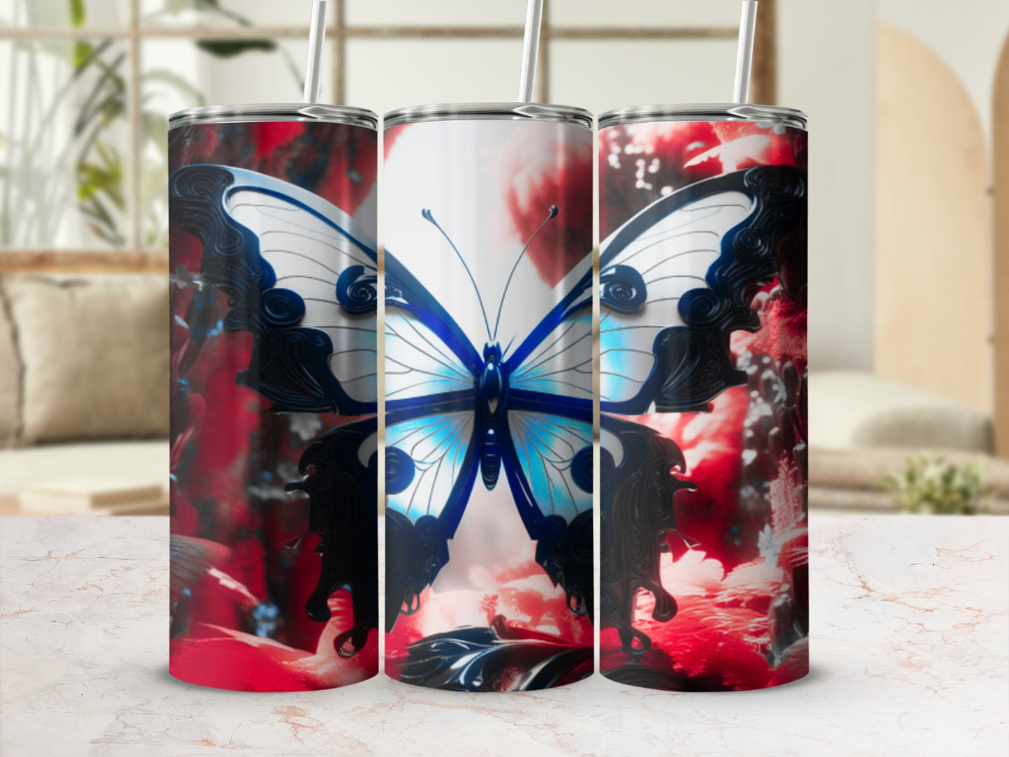 Three tumblers featuring a blue and white butterfly on a red floral background.