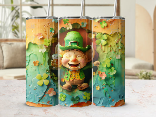 Leprechaun character with beer mug surrounded by shamrocks on three tumblers.