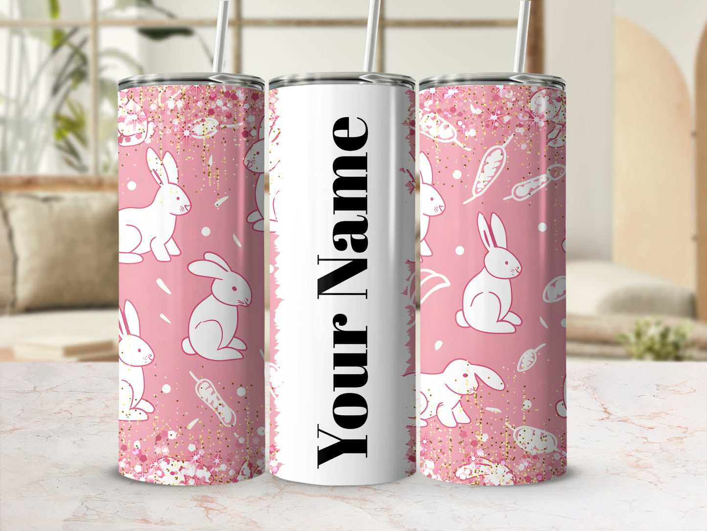 Personalized Pink Bunny Design Tumbler with Straw