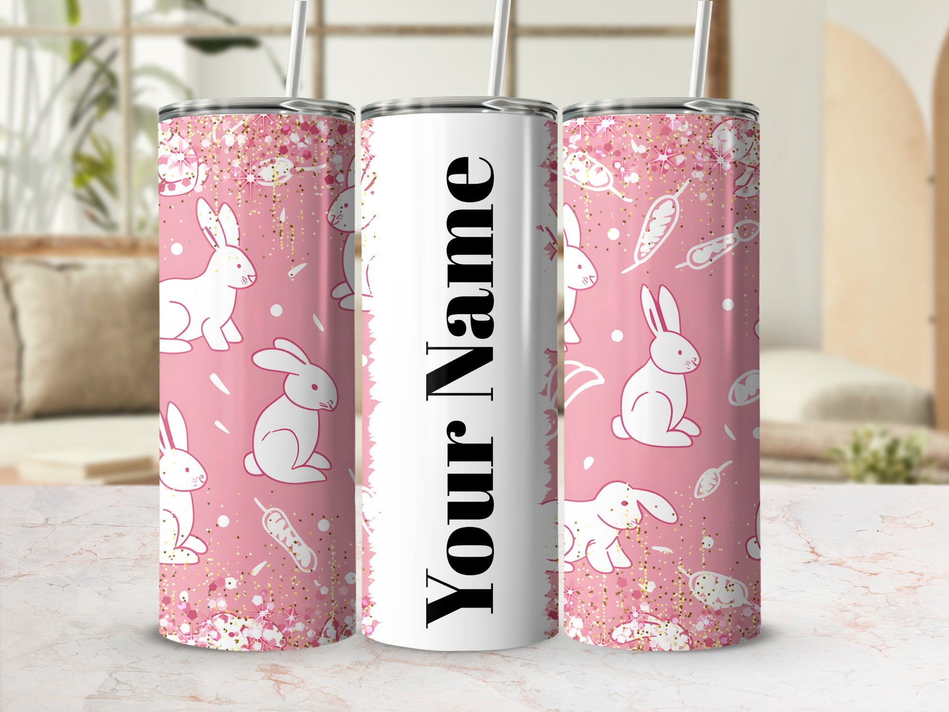 Personalized Pink Bunny Design Tumbler with Straw