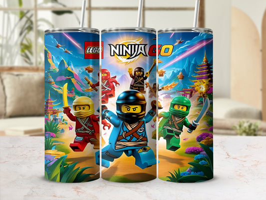 Ninjago Lego characters on a tumbler with a mountainous background.