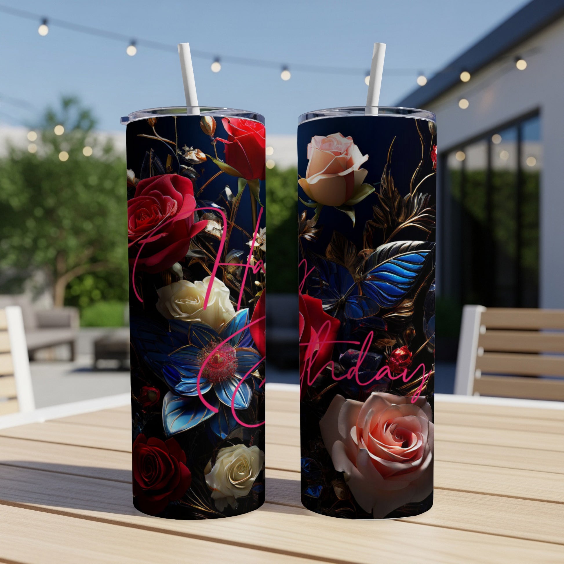Two tumblers with "Happy Birthday" text and floral butterfly designs.