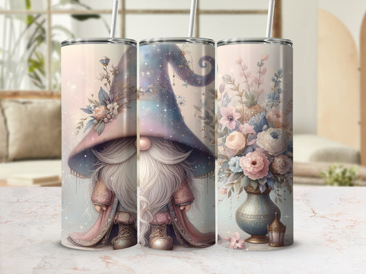 Gnome with floral hat and pink robe beside a floral vase.