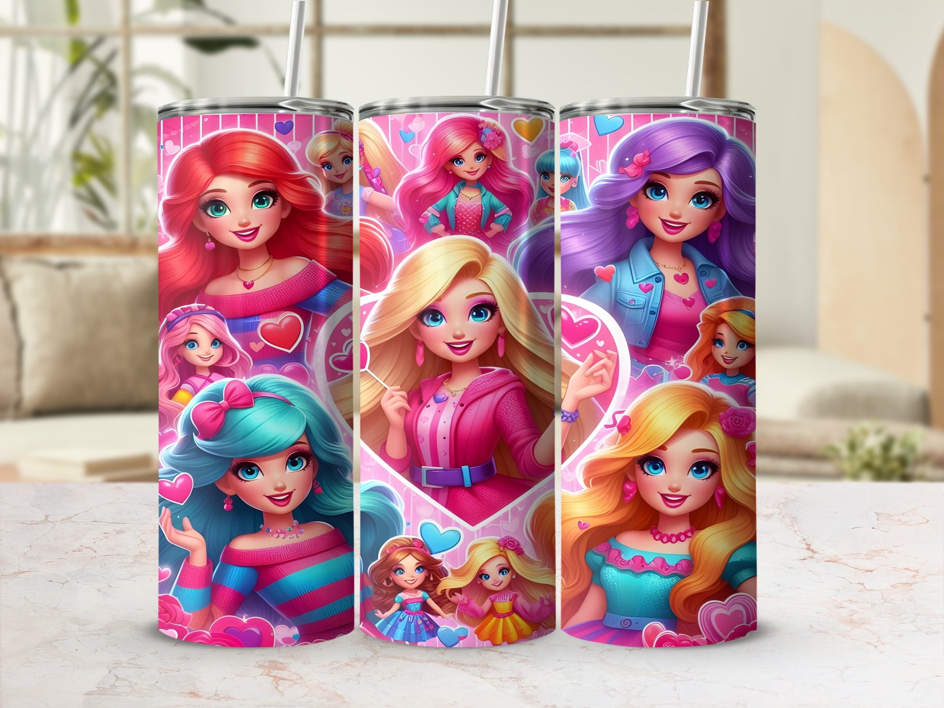 Three colorful tumblers featuring animated cartoon girls with pink, blue, and purple hair.