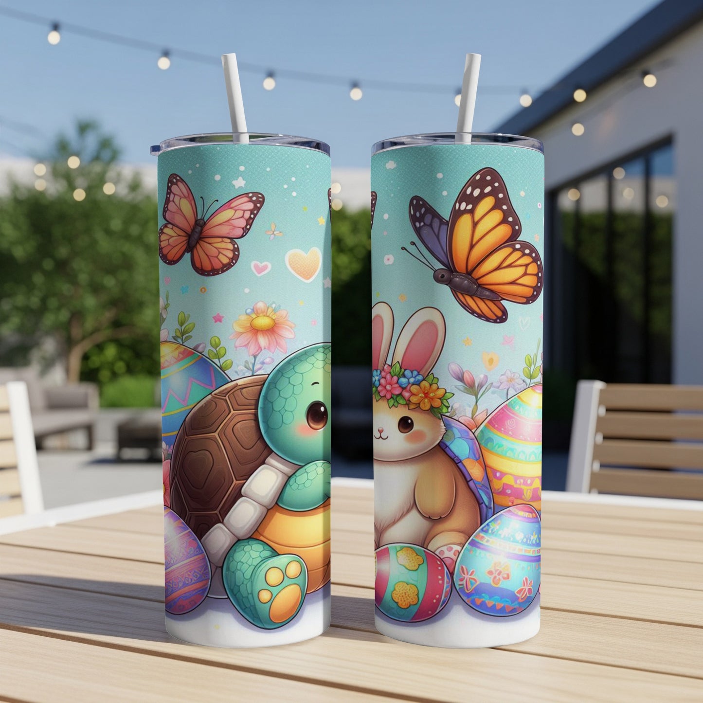 Easter bunny and turtle with colorful eggs and butterflies on tumblers.