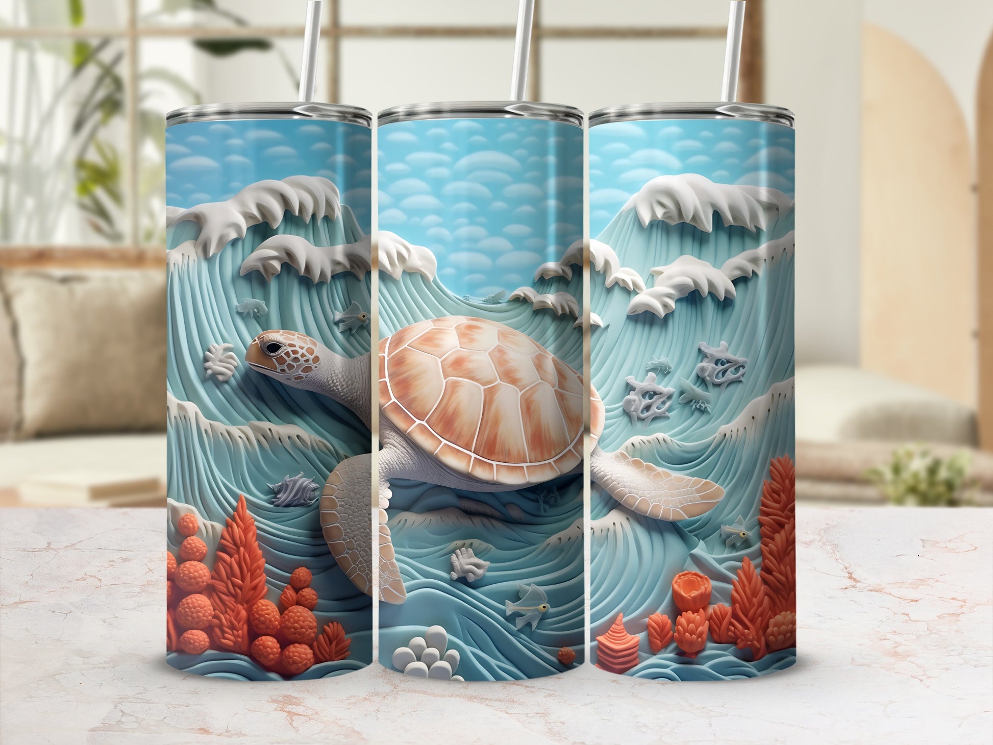 Sea turtle and ocean waves design on three tumblers with straws.