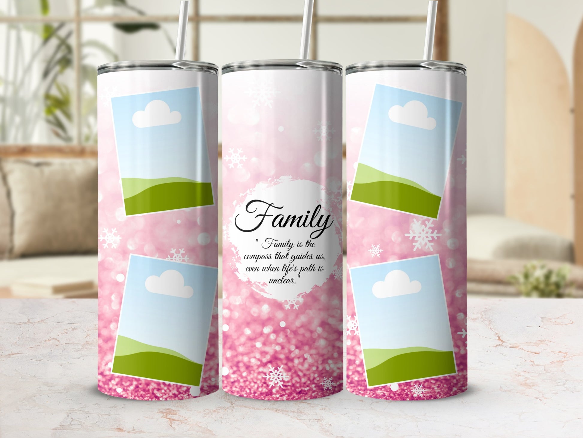 Pink glitter tumbler with frame placeholders and the word "Family" and quote.