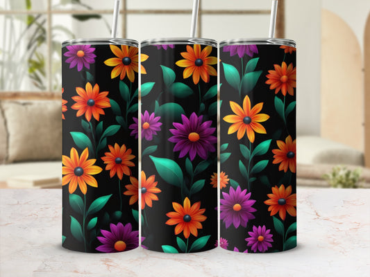 Three black tumblers with orange, yellow, and purple flowers and green leaves.
