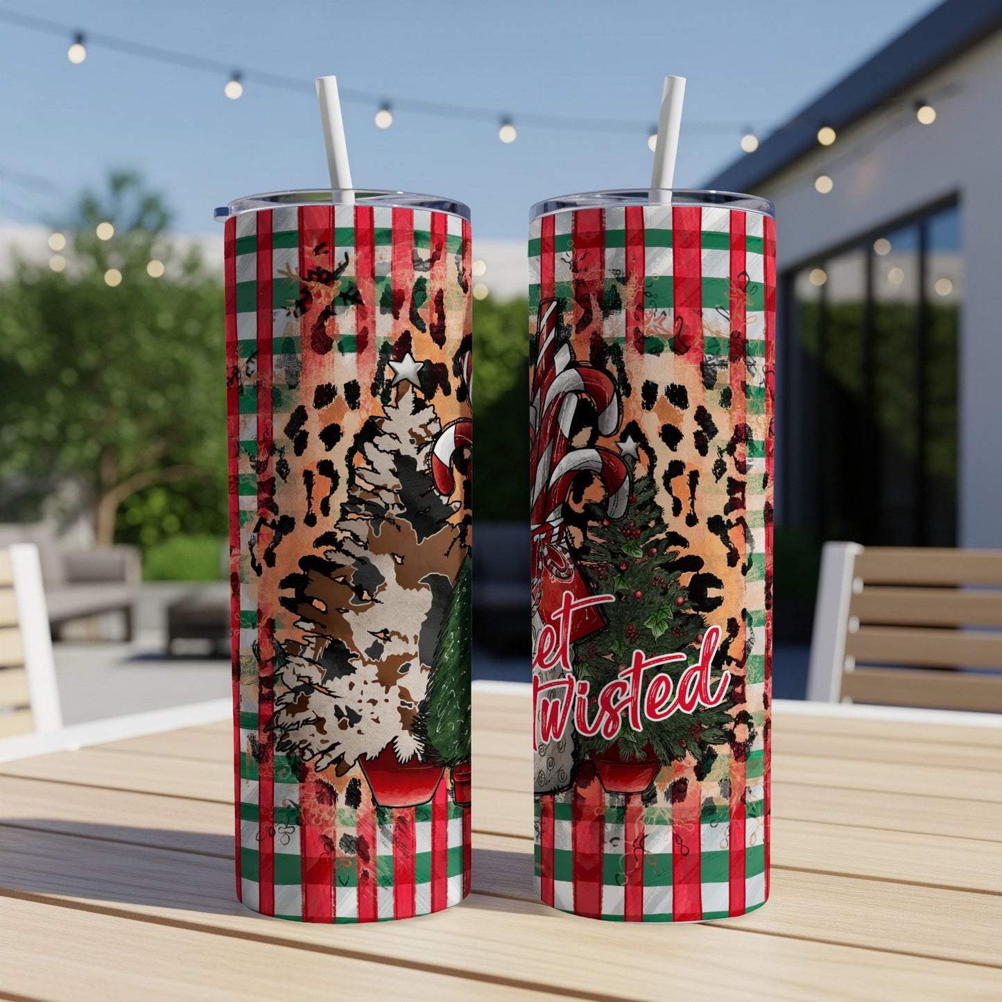 Two tumblers with a Christmas tree, candy canes, and "Let's Get Twisted" text.