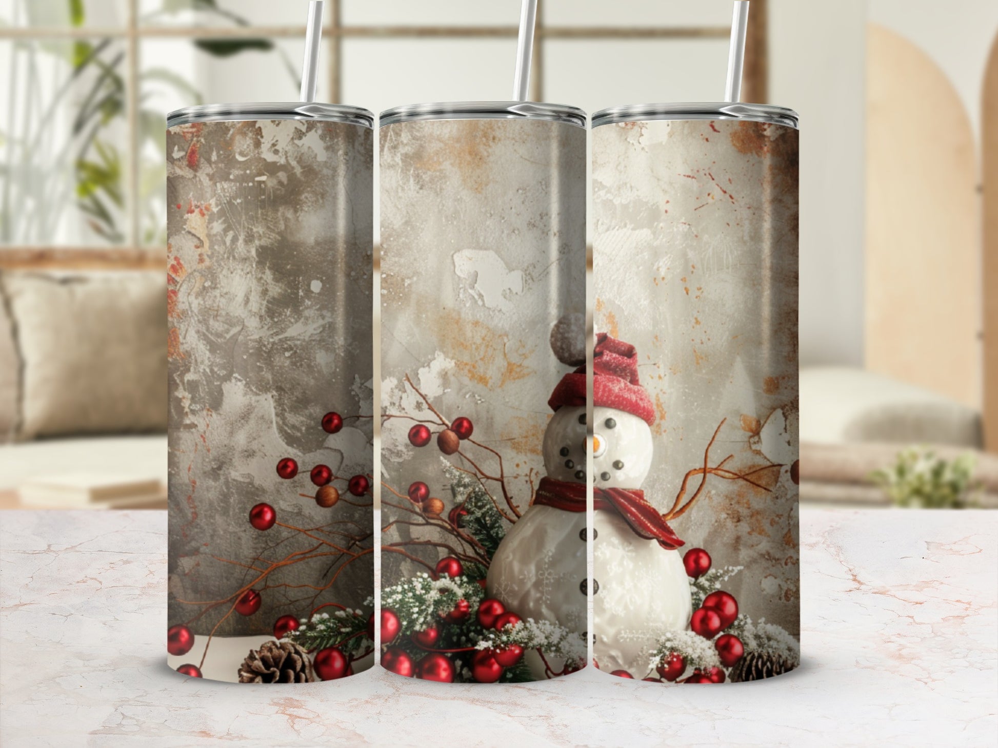 Snowman tumbler with red berries and pinecones on textured background.