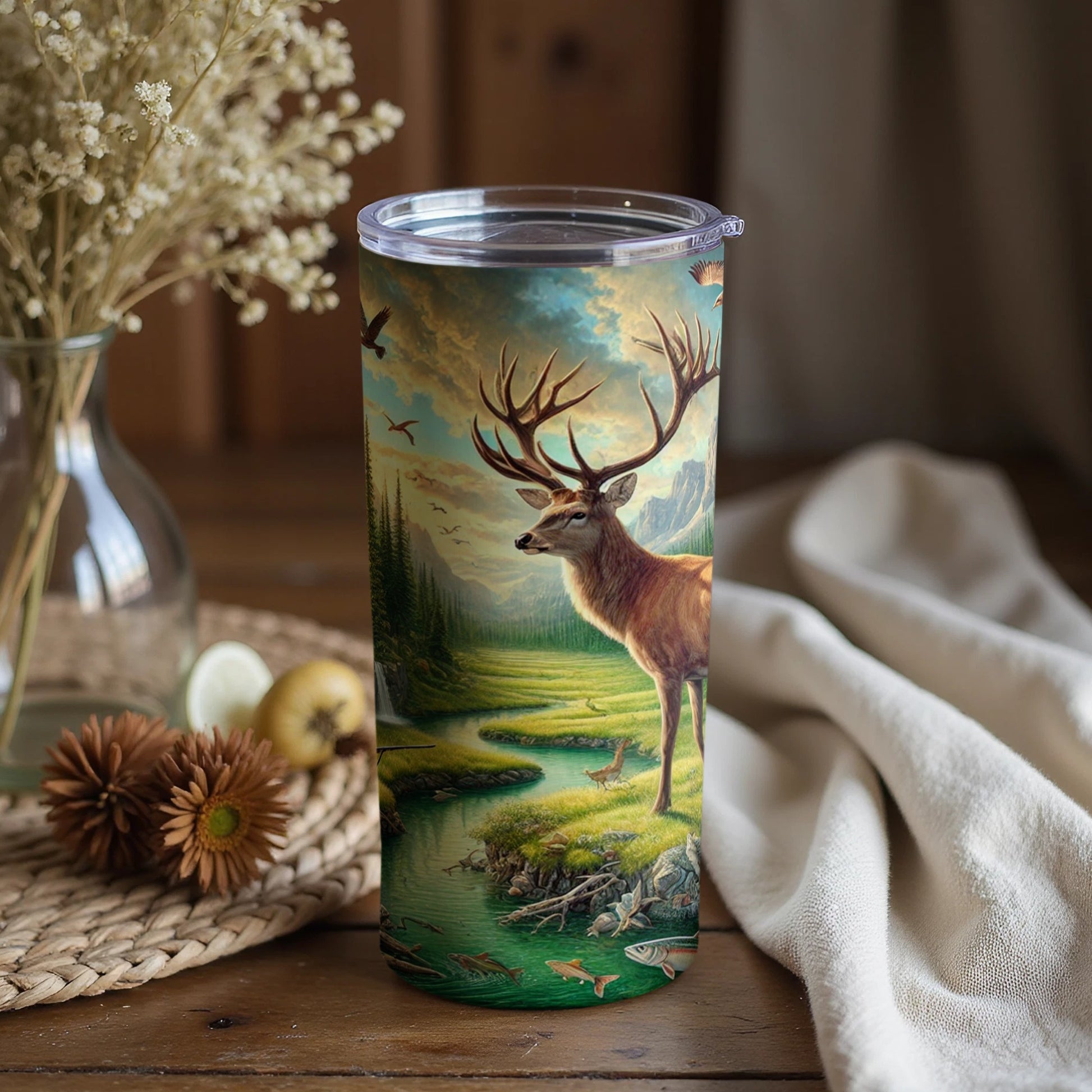 Scenic Deer and Forest Landscape Drink Tumbler