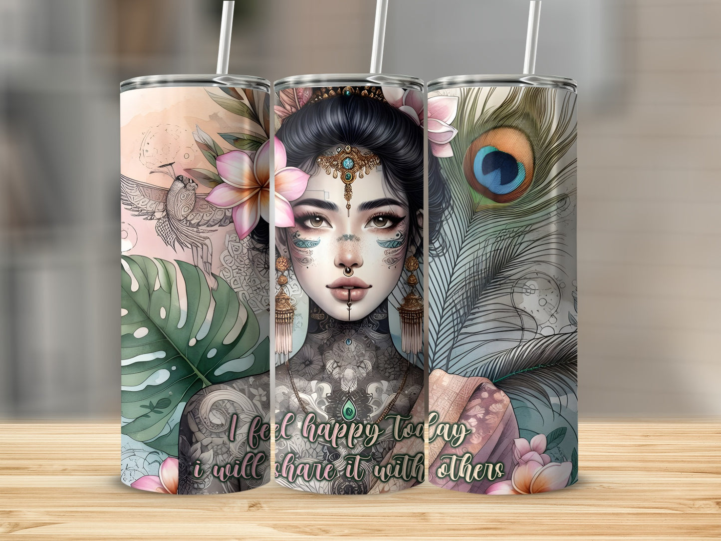 Tumbler with colorful tattoo art of a woman with flowers and peacock feathers.