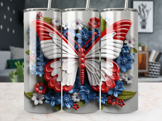 Butterfly with red and white wings surrounded by blue and white flowers.