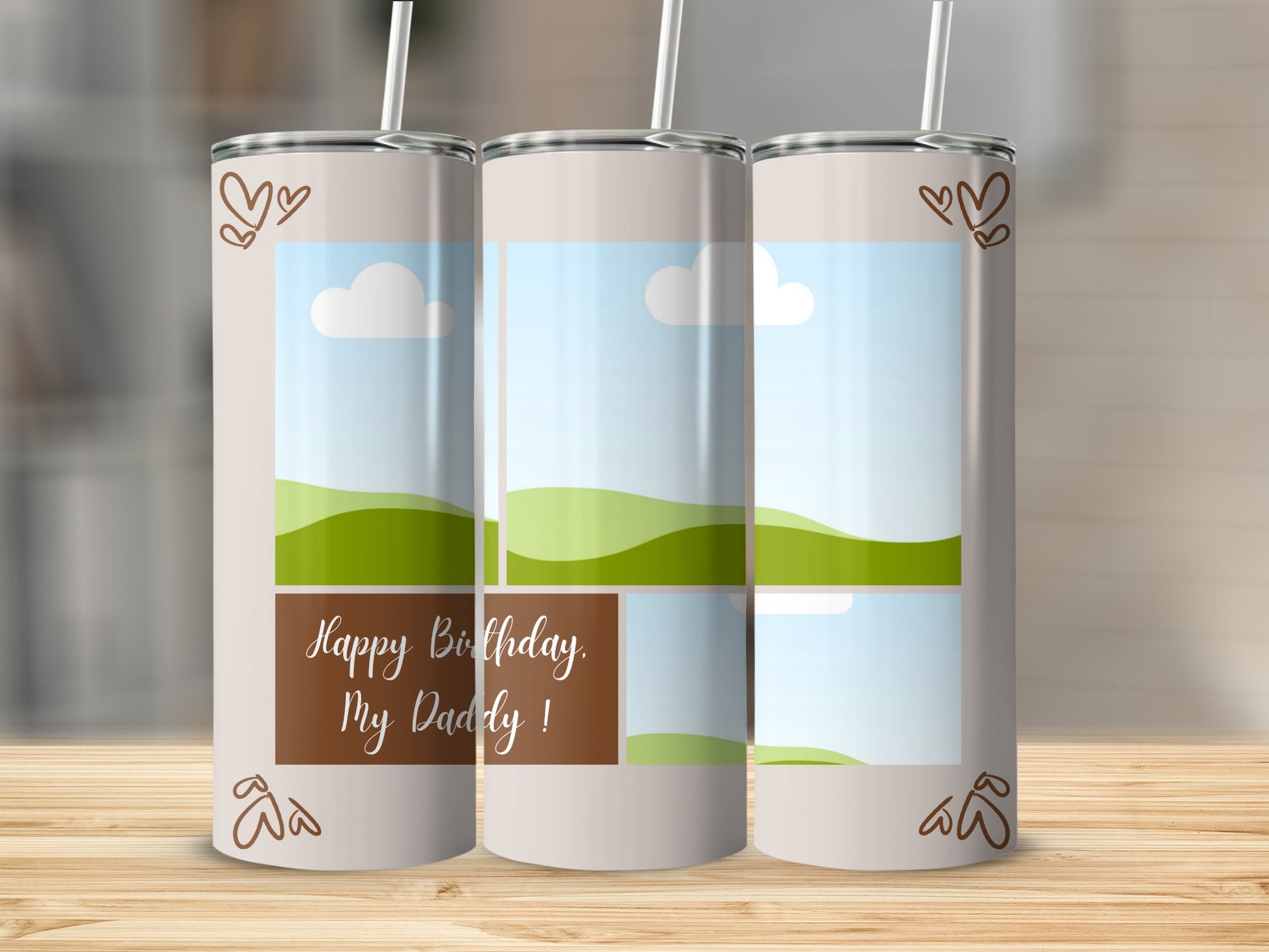 Tumbler with 'Happy Birthday My Daddy!' text, photos, and hearts.