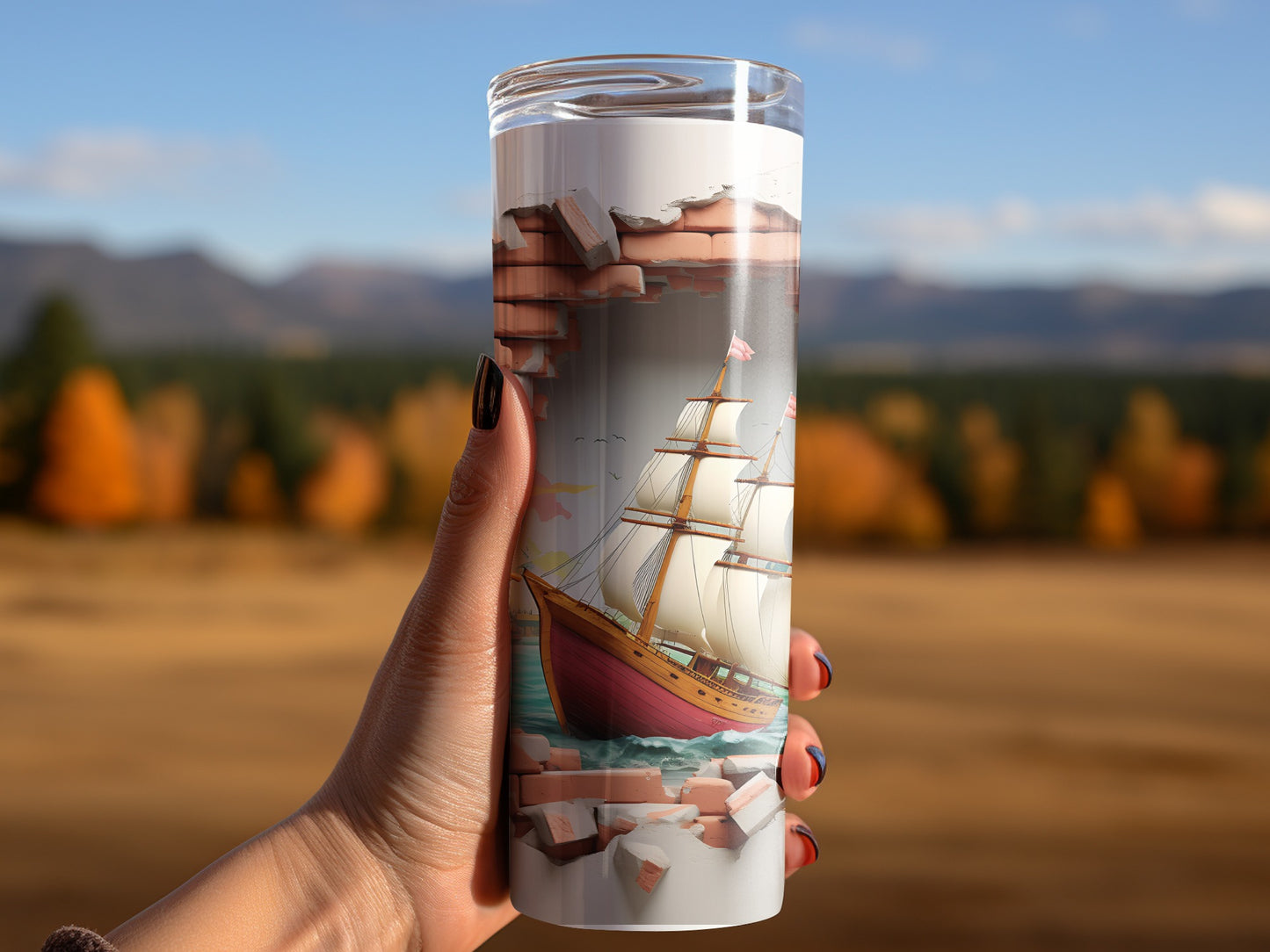 Hand Holding a Ship Print Tumbler for Beverage