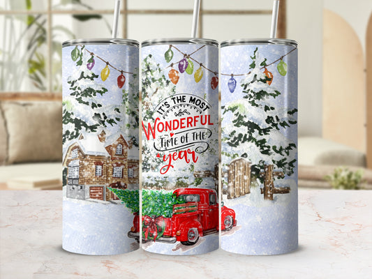 Snowy scene with red truck, Christmas tree, and "It's the most wonderful time of the year" text.