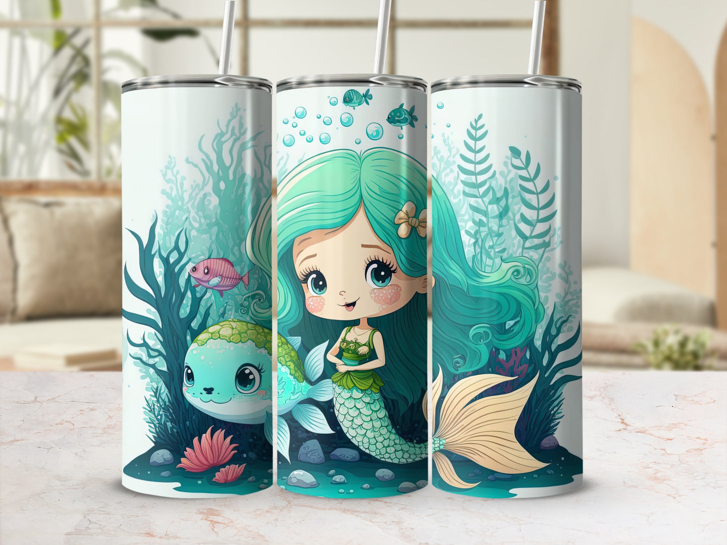 Cute Mermaid and Ocean Friends Tumbler with Straw