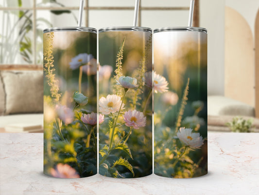 Three tumblers with soft focus floral design in warm sunlight.