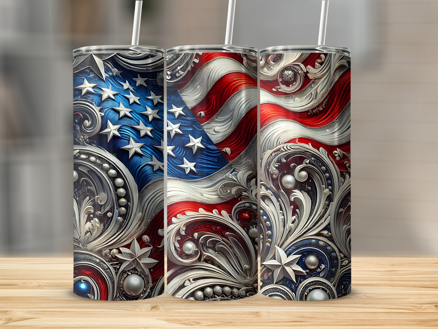 Three tumblers with patriotic American flag and ornate silver detailing.