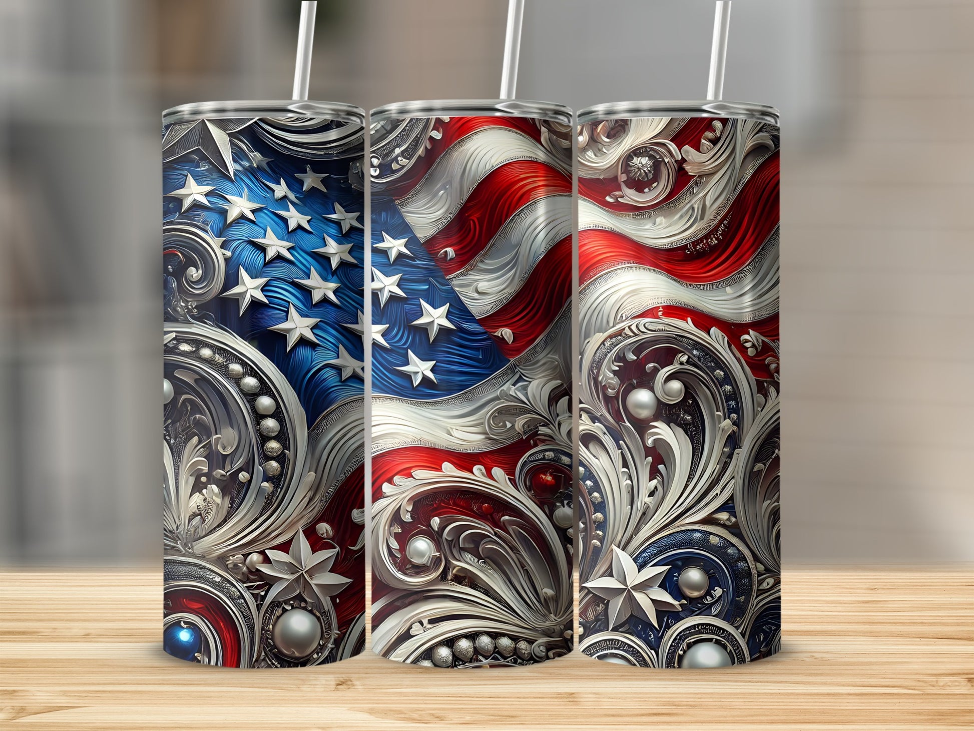 Three tumblers with patriotic American flag and ornate silver detailing.