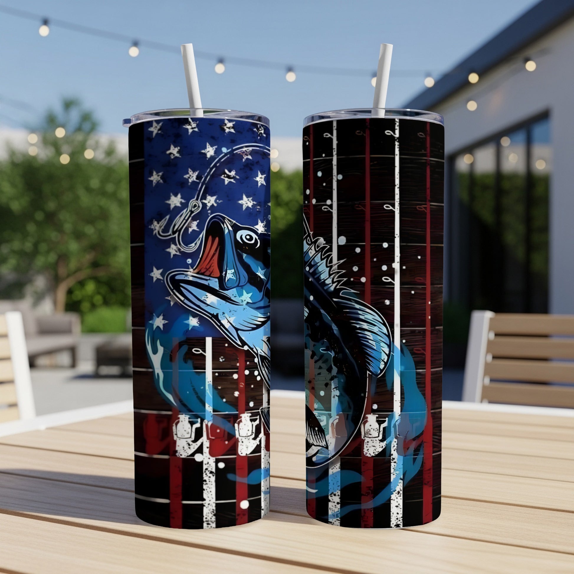 Two fishing tumblers with bass and American flag design.