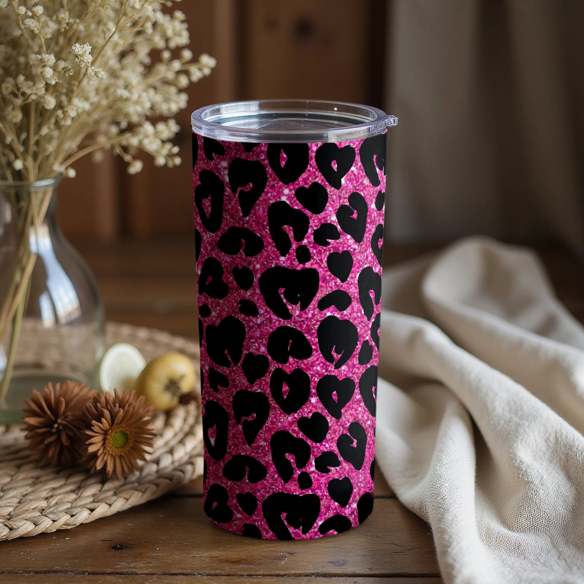 Pink Glitter Leopard Print Tumbler with Lid for Cold Drinks