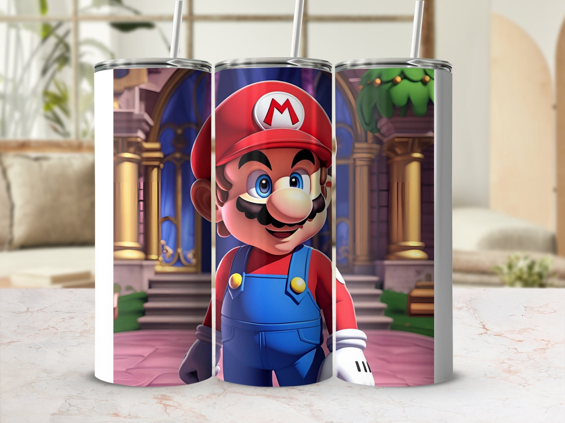 Mario character in blue overalls and red cap on a tumbler.