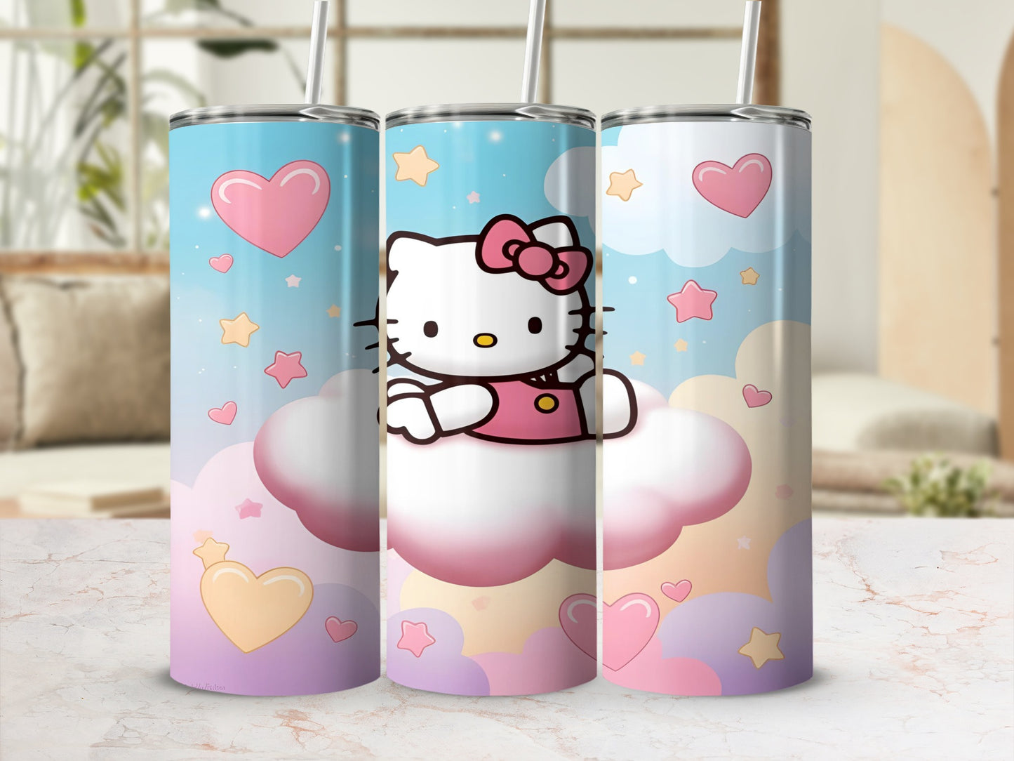Three tumblers with Hello Kitty sitting on clouds, surrounded by hearts and stars.