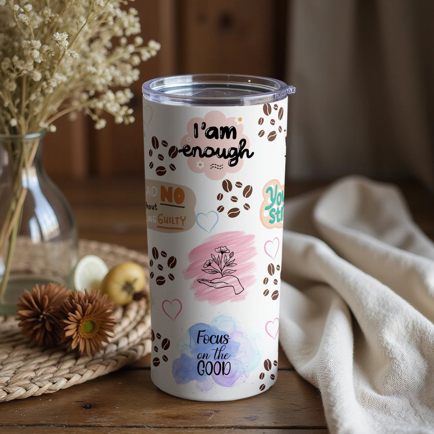 Motivational Quotes and Coffee Beans Travel Tumbler