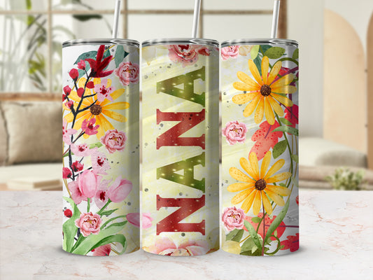 Tumbler with floral design and "NANA" text.