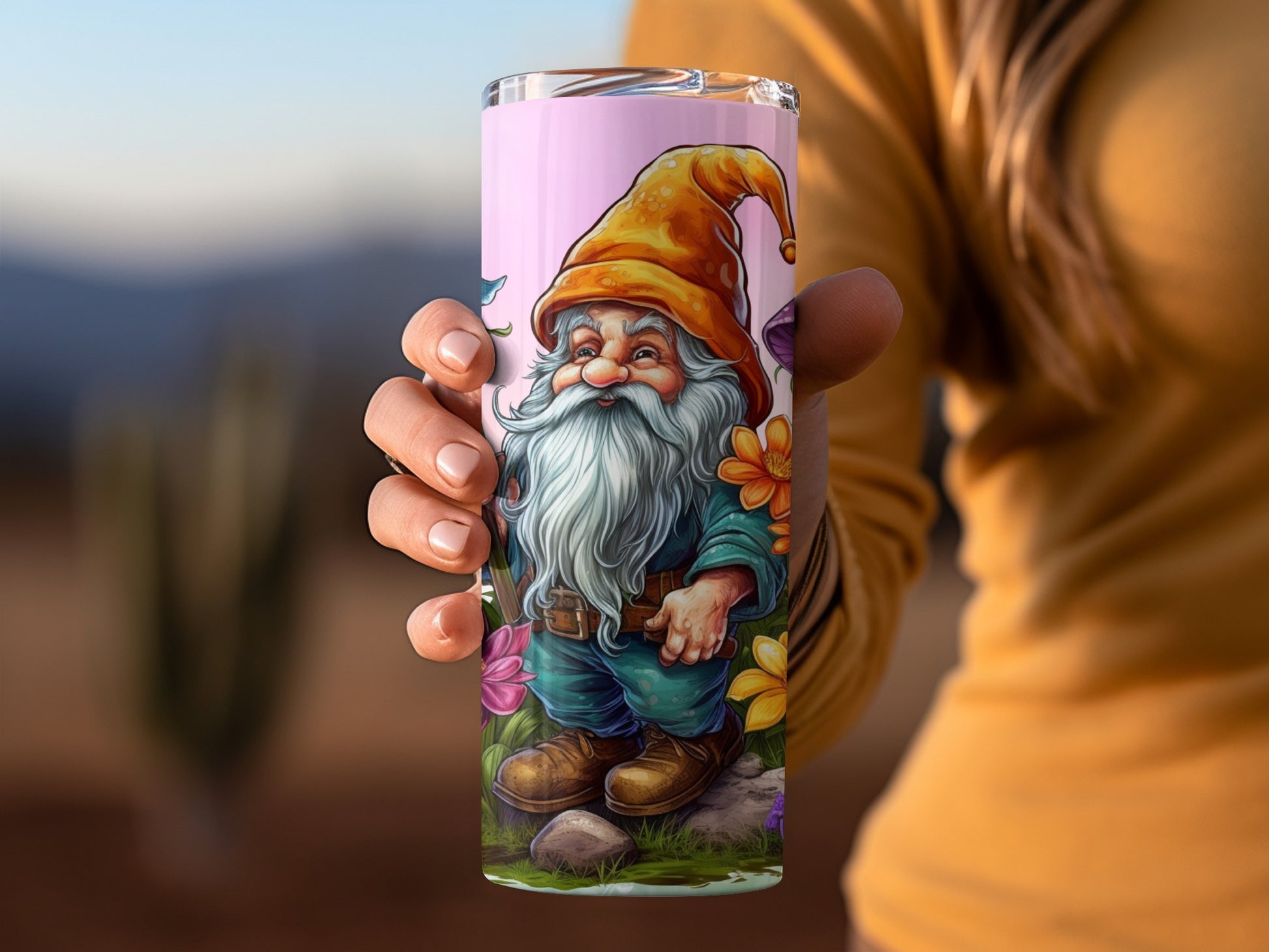 Cute Gnome with Flowers Tumbler Design for Outdoor Use