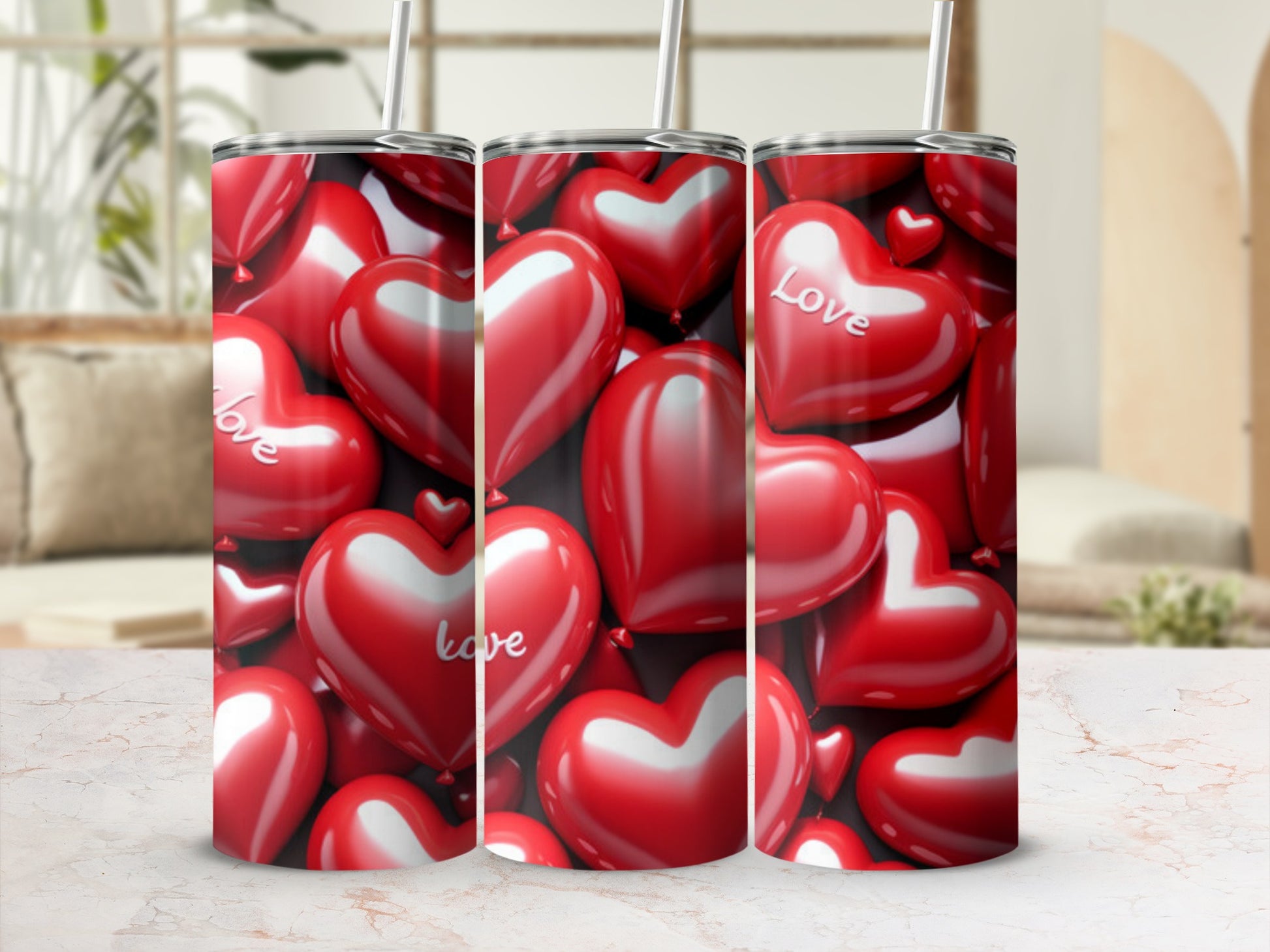 Red heart pattern tumbler with straws.
