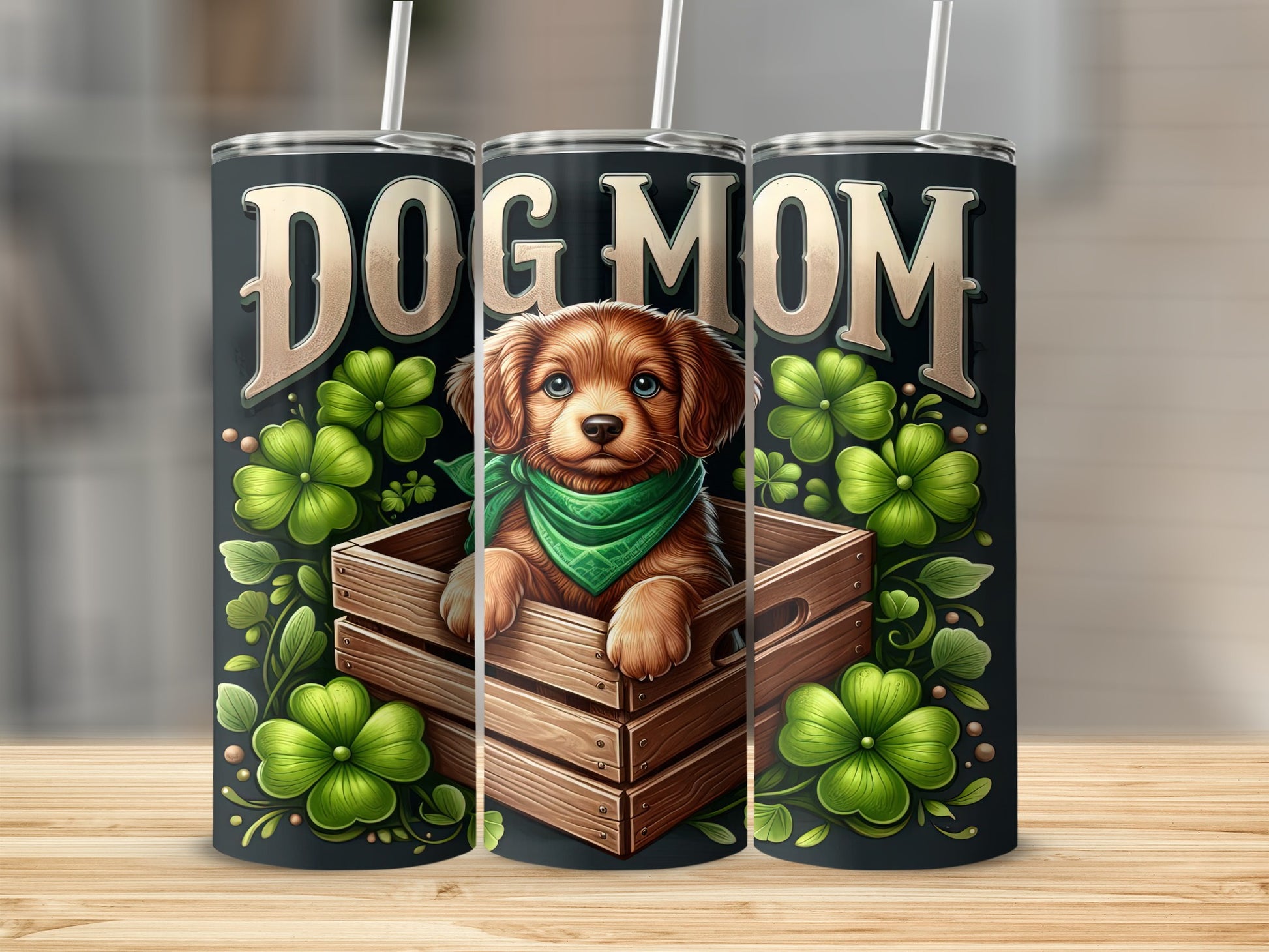 Dog mom tumbler with a puppy in a wooden crate surrounded by shamrocks.