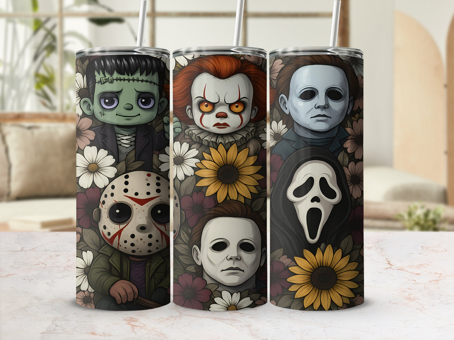 Tumblers featuring Frankenstein, Pennywise, Michael Myers, Jason Voorhees, and Ghostface with flowers.