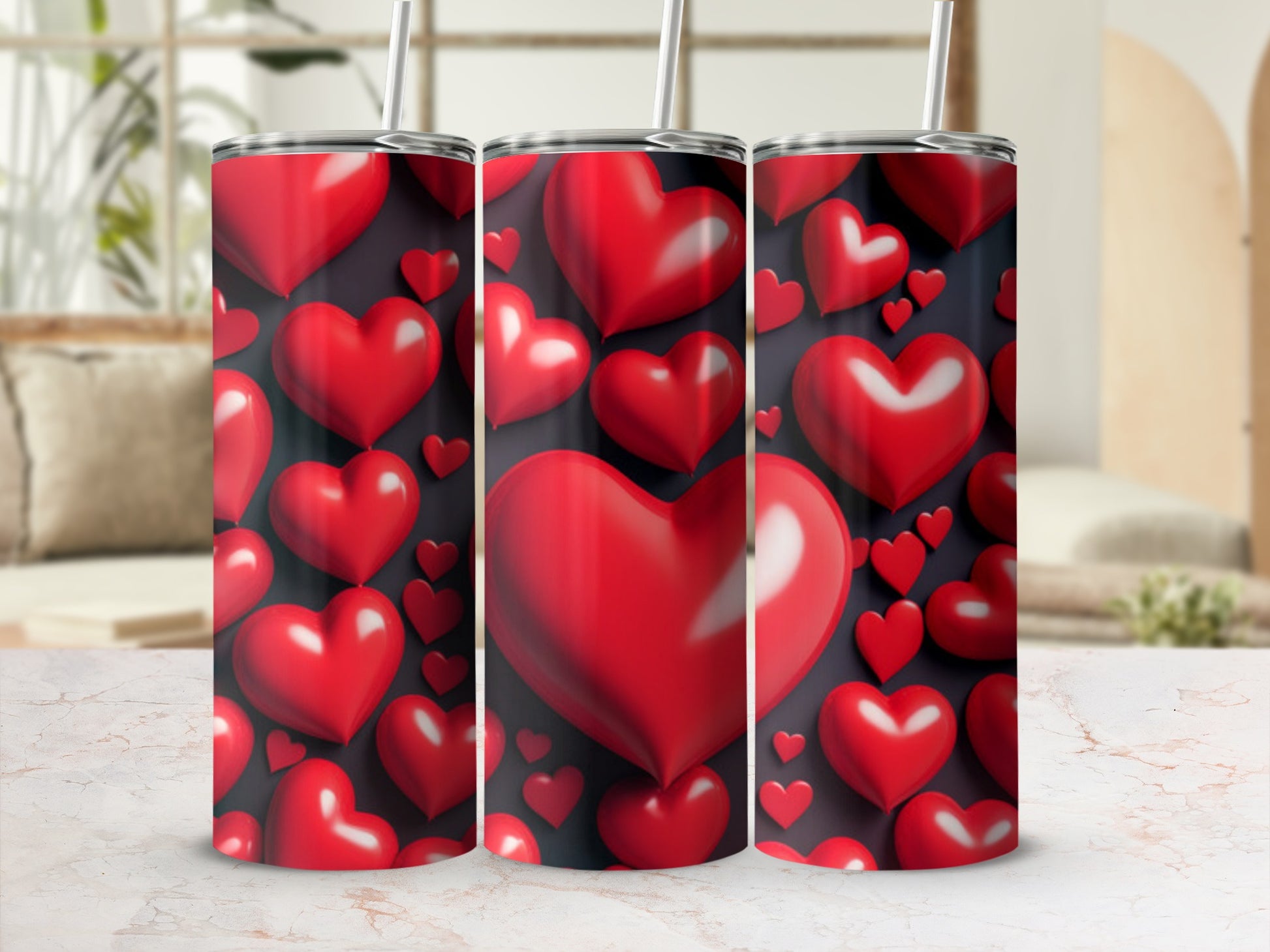 Three tumblers with a repeating pattern of red 3D hearts.