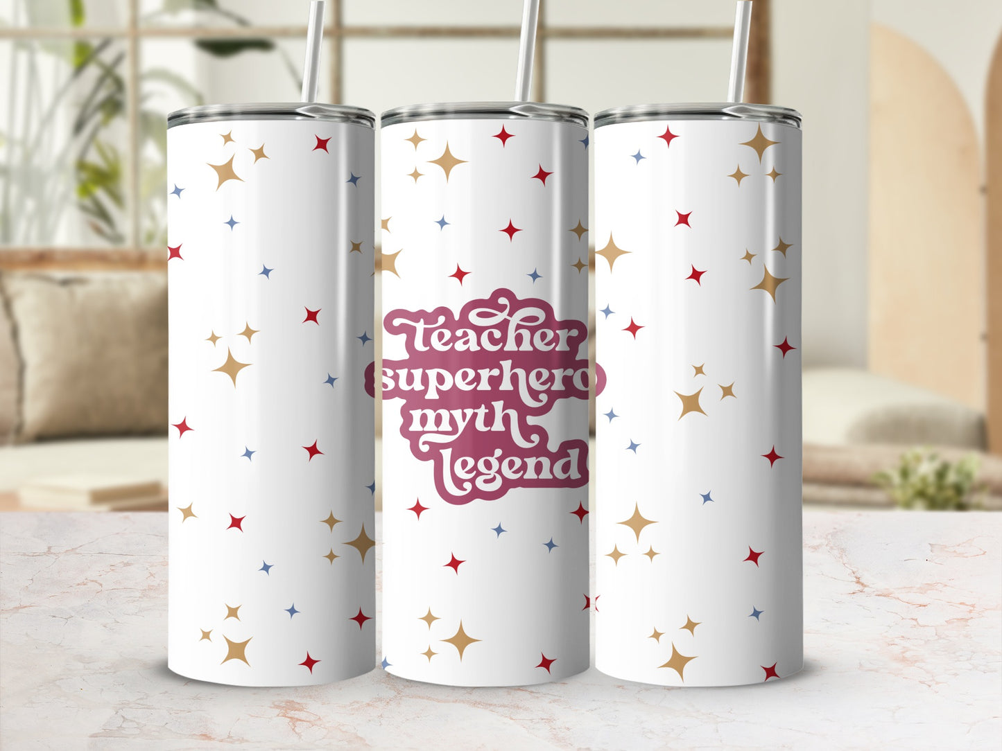 White tumbler with colorful stars and "Teacher Superhero Myth Legend" text.