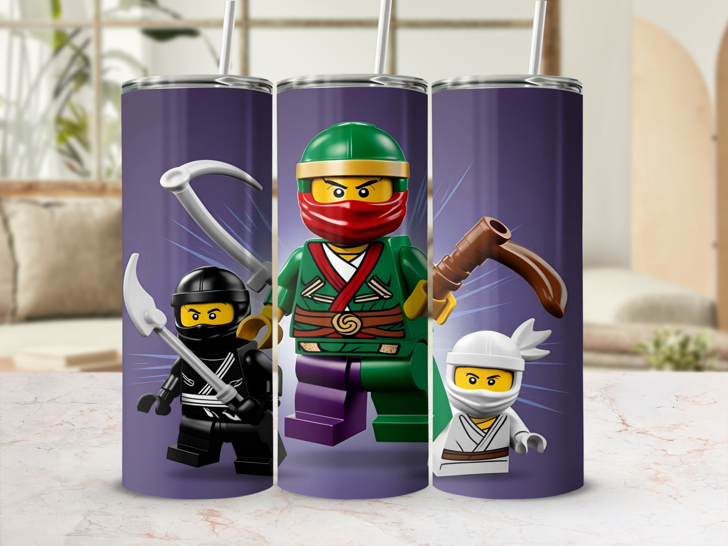 Three Ninjago characters on purple background with white striped straws.