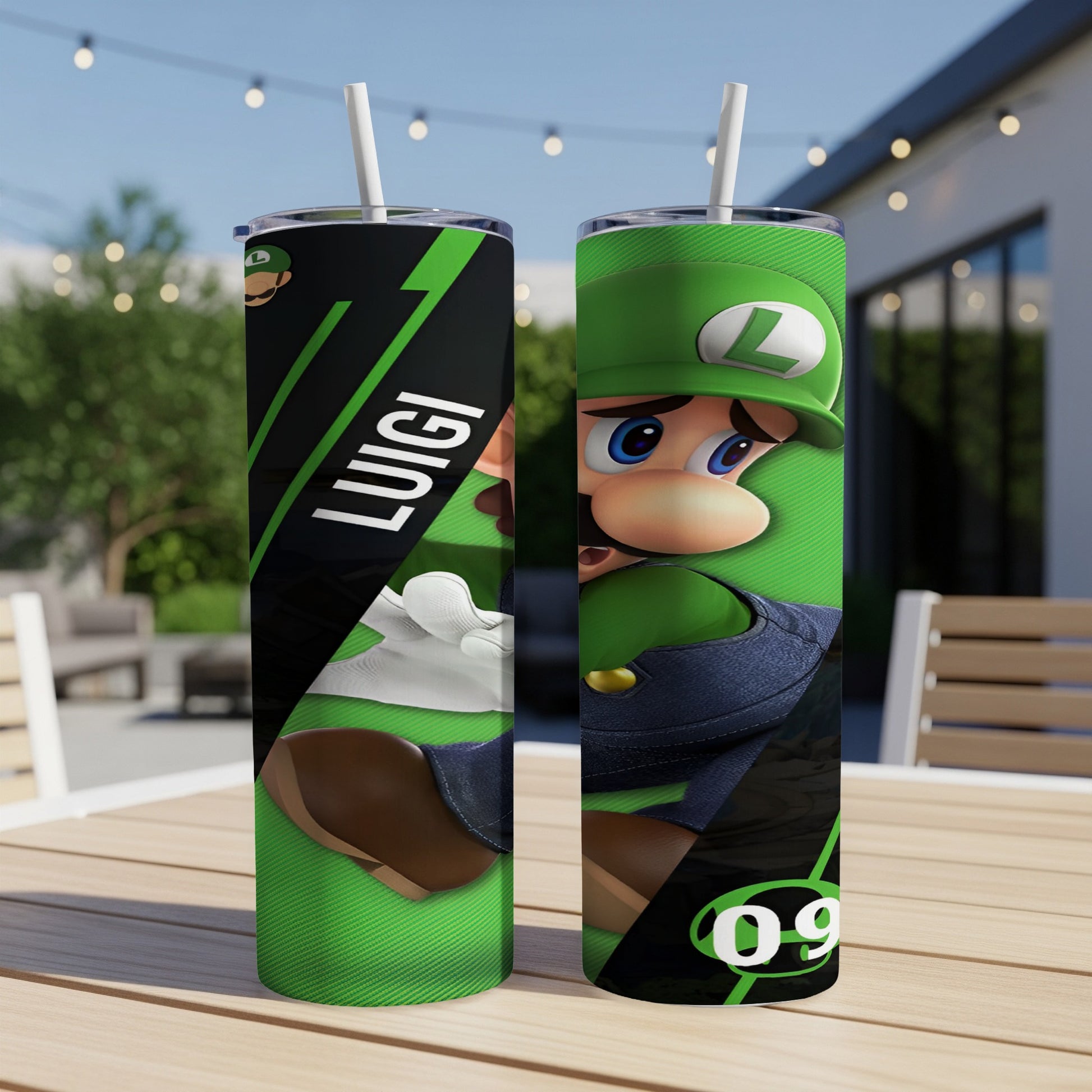Luigi character from Mario series on a green tumbler with "09" on the side.