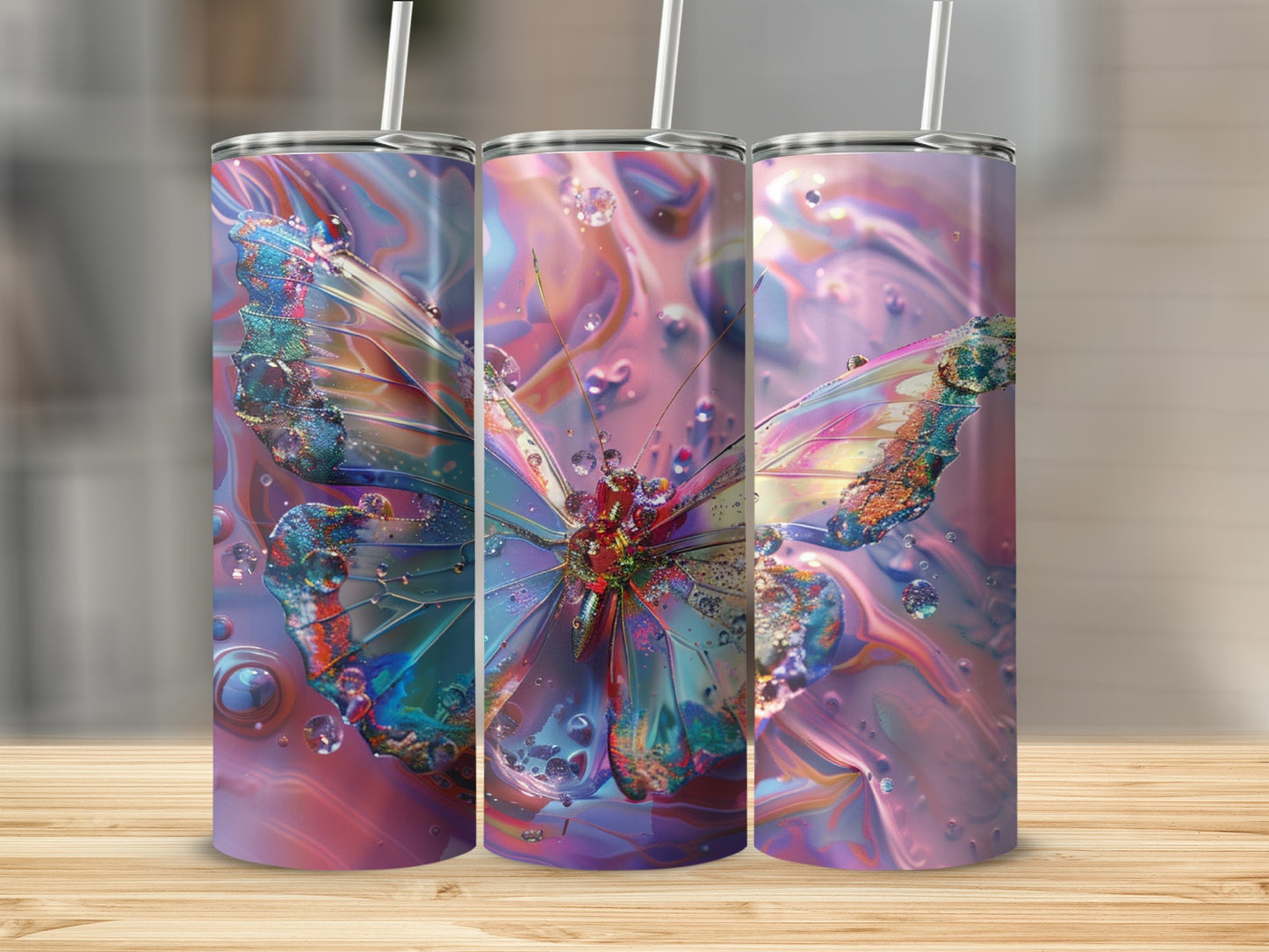 Three iridescent butterfly tumblers with colorful, abstract backgrounds.