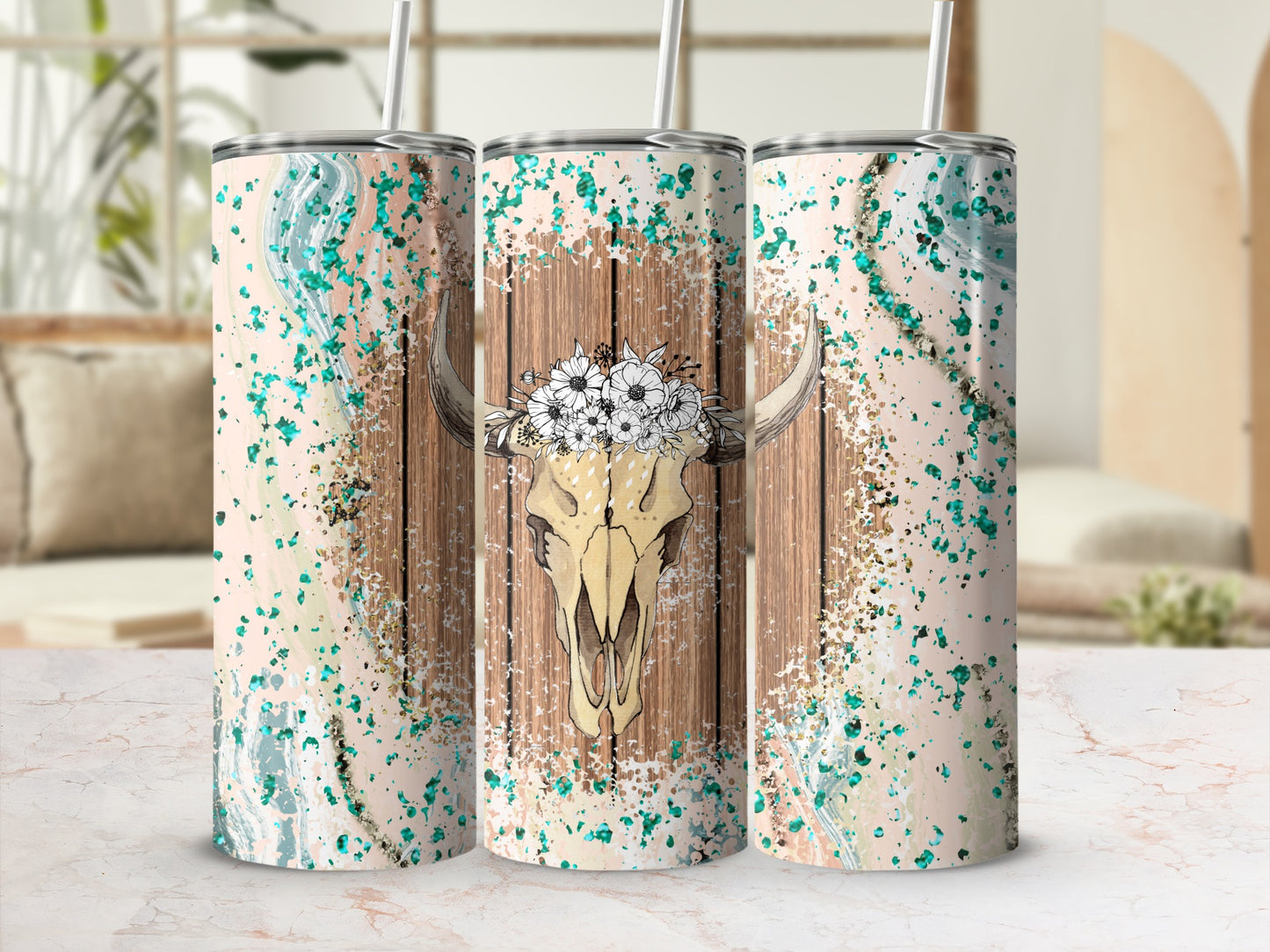 Cow skull with flowers on wood grain tumbler with teal and gold accents.
