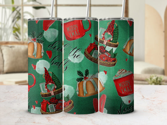 Green tumbler with red Christmas gnomes, trees, mugs, and text "Merry Xmas".