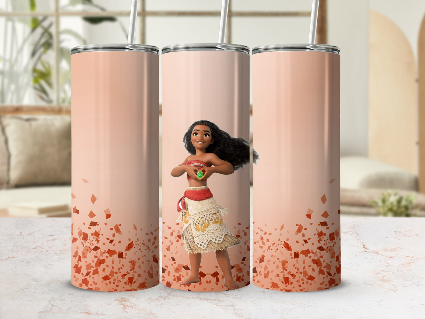 Moana cartoon character on a pink gradient tumbler with scattered brown shapes.