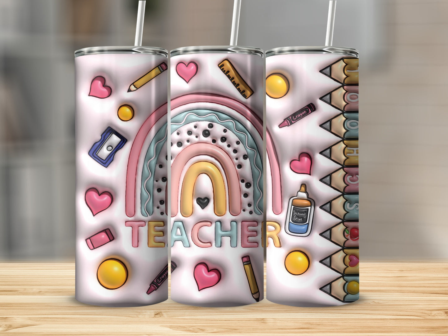 Teacher Design Rainbow Hearts Pencils With School Supplies Tumblers
