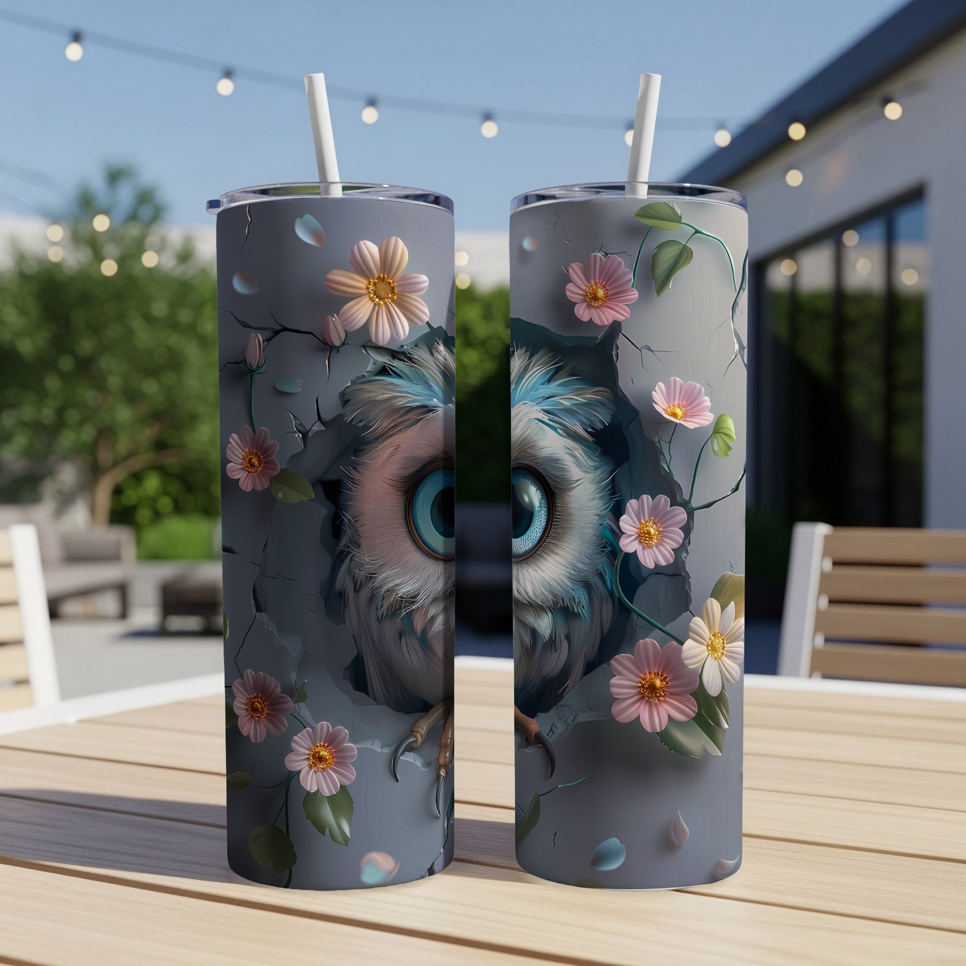 Two tumblers with a blue owl design emerging from a cracked surface with flowers.