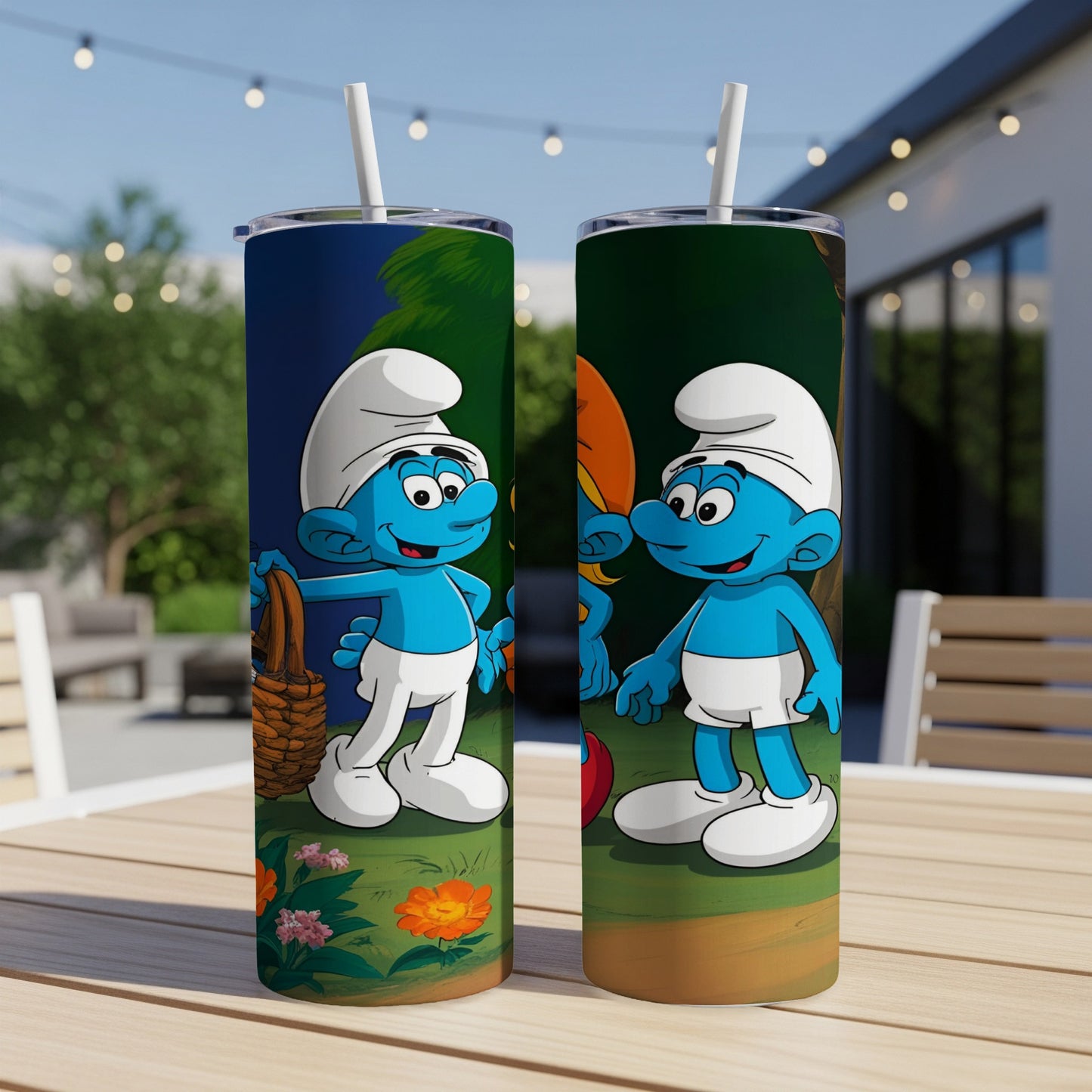 Two Smurfs characters standing on a grassy hill with flowers.